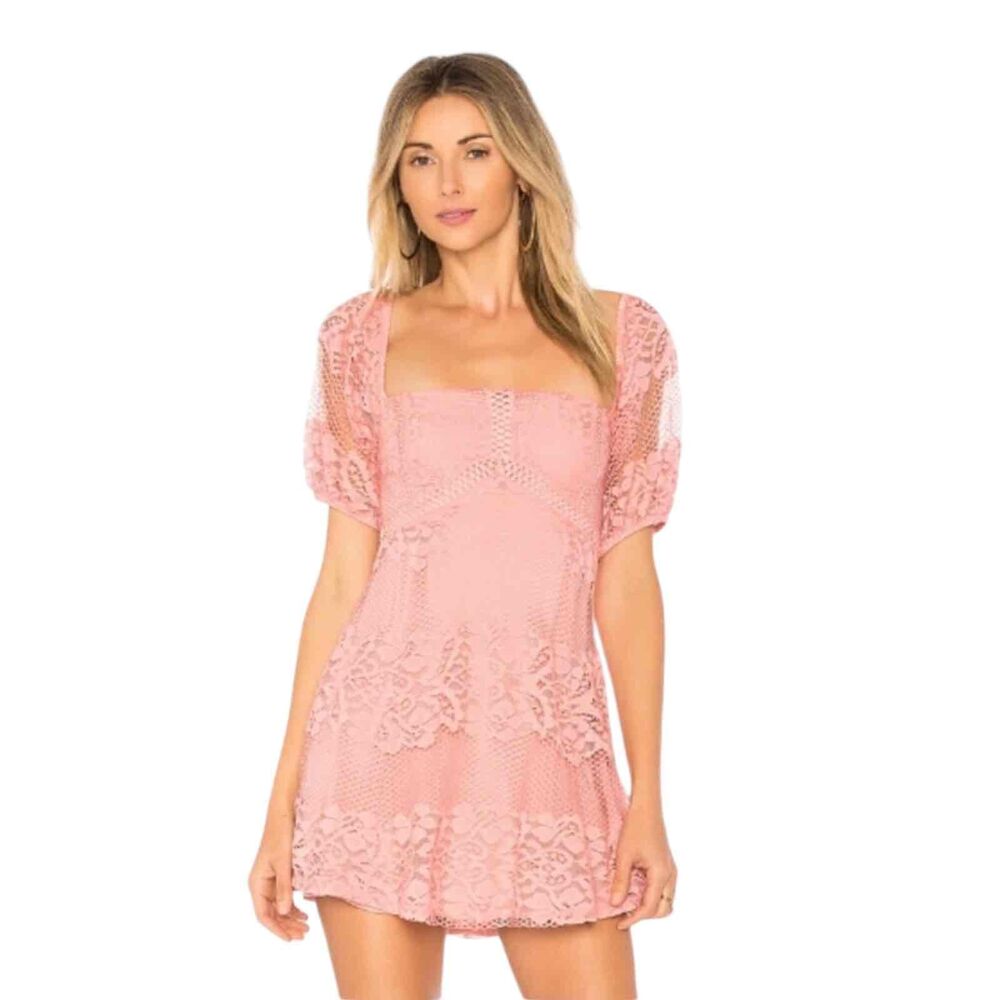 Free People Pink Be Your Baby Lace Mini Dress Short Sleeves Womens Size Small